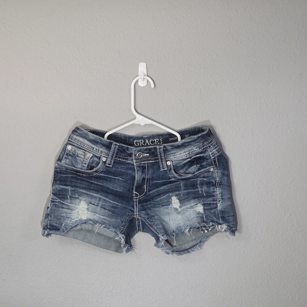 Grace Distressed Denim Shorts - Blue